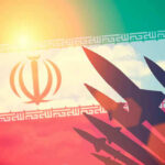 Silhouettes of missiles over Irans flag graphic.