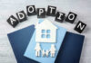 Adoption blocks, books, house, and family paper cutouts.