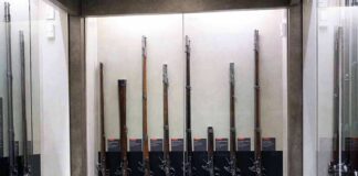 Display case with a row of antique muskets