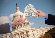 Budget Cage Match: Seniors vs. Pentagon Hands exchanging cash in front of the Capitol building