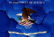 Feds Investigate Democrat Firm Tied to Judge in Trump Hush Money Trial Department of Justice emblem with eagle on blue cracked texture