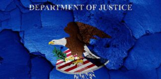 Department of Justice emblem with eagle on blue cracked texture