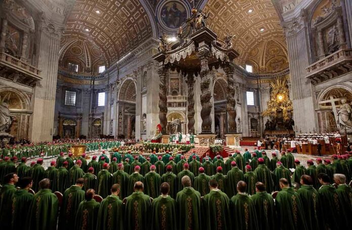 shutterstock_1864245124 Clergy in green vestments gather under a grand baroque canopy in a vast cathedral