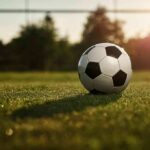 Soccer ball on grass field near goal