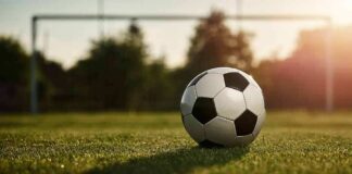 Soccer ball on grass field near goal