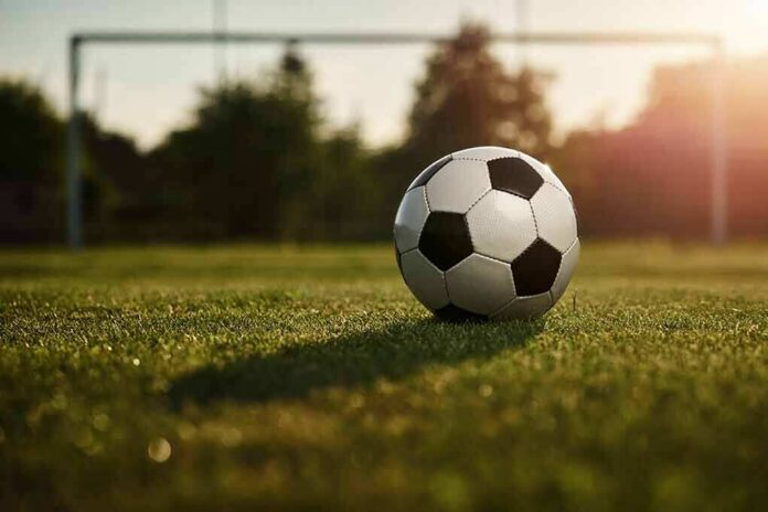 Soccer ball on grass field near goal