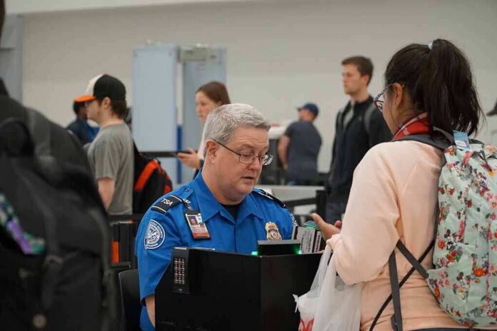 Bill Bergey, a TSA officer, checks a traveler's documents at an airport security checkpoint