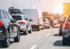 Traffic jam with cars and vans on a multi-lane highway