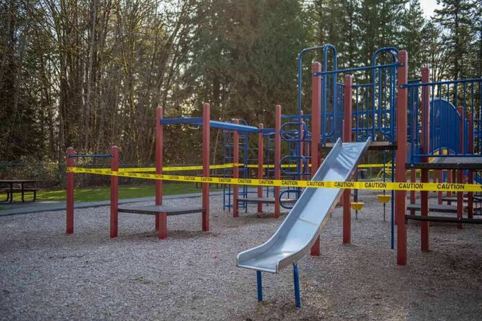 Playground equipment wrapped with caution tape