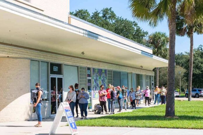 People lined up outside a building to vote