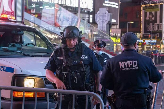 Police officers in tactical gear near a patrol vehicle at night
