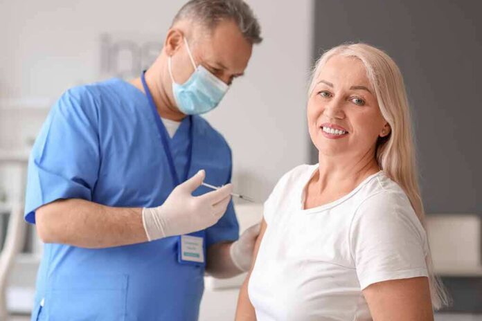 Smiling woman receiving a vaccination from a healthcare worker