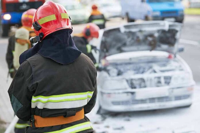 Firefighter near foam-covered car with open hood