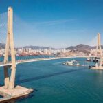 Cable-stayed bridge spanning a harbor with city skyline and mountains