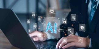 Hands typing on laptop with AI and tech icons overlay