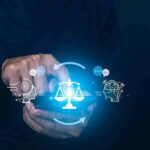 Hands using smartphone with glowing justice scale and AI icons