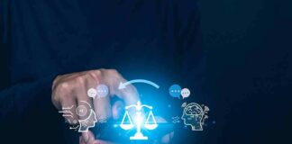 Hands using smartphone with glowing justice scale and AI icons