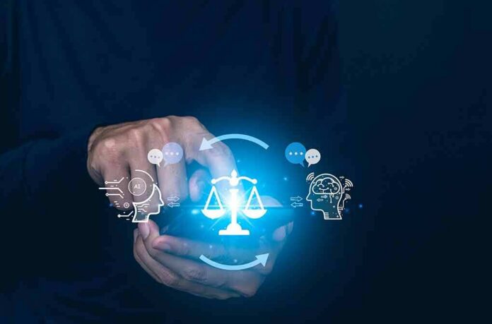 Hands using smartphone with glowing justice scale and AI icons