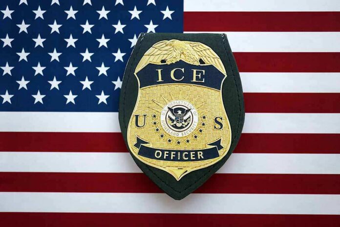 ICE officer badge on American flag background