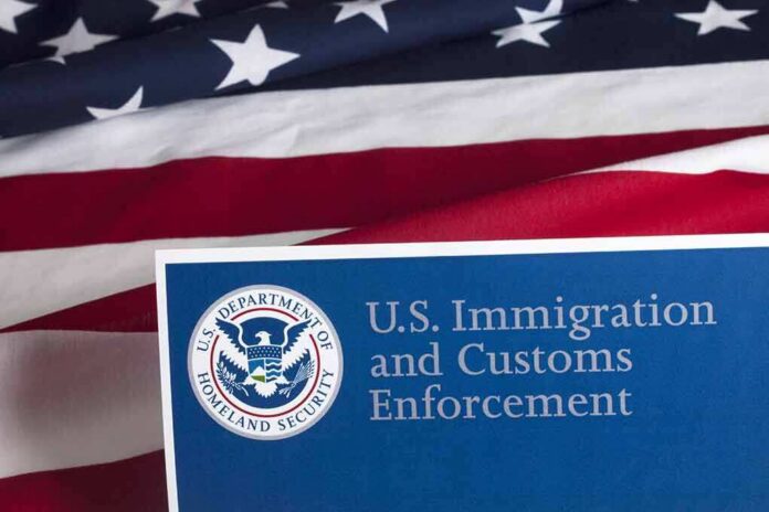 U.S. ICE document against American flag
