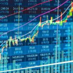 Stock market chart with rising candlesticks and trend lines