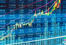 Stock market chart with rising candlesticks and trend lines