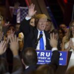Donald Trump speaks at a rally with Ivanka Trump and Melania Trump on stage; Karlie Kloss in the crowd