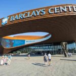 Barclays Center exterior with curved rust-colored facade