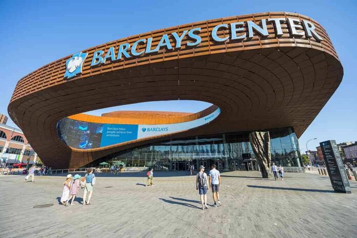 shutterstock_477744667 Barclays Center exterior with curved rust-colored facade