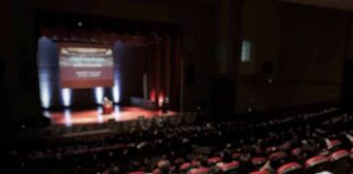 Audience in a theater watching a stage presentation