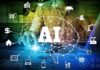 AI network diagram over a person using a laptop