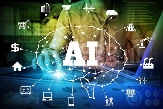 AI network diagram over a person using a laptop