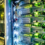 Server rack with network cables and glowing indicator lights