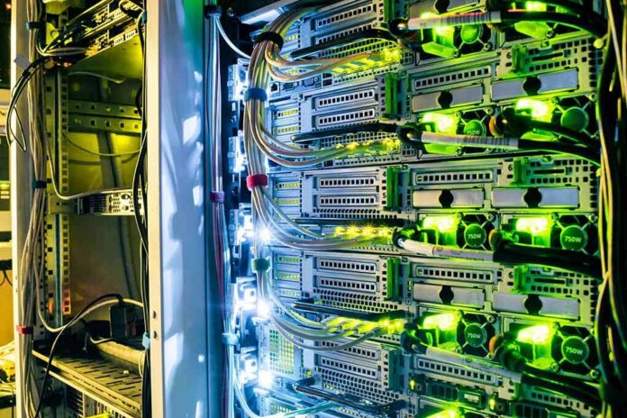 Server rack with network cables and glowing indicator lights