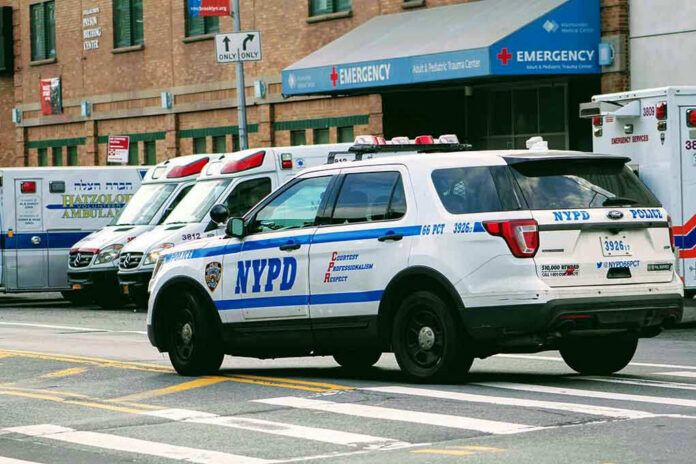 Police car and ambulances outside emergency room entrance.