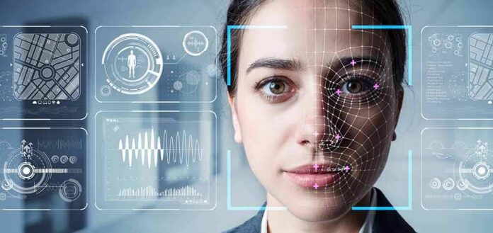 Woman undergoing facial recognition scan