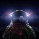 astronaut in space suit facing moon with helmet lights