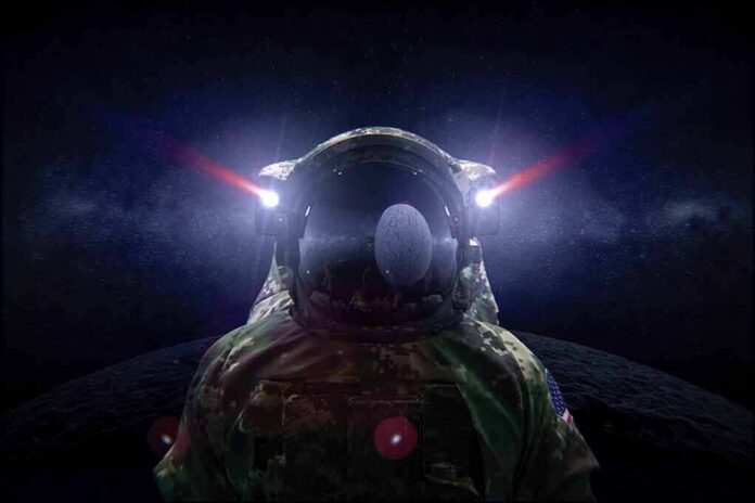 astronaut in space suit facing moon with helmet lights