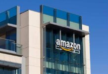 amazon logo on modern glass office building