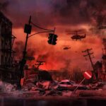 Post-apocalyptic city street with helicopters and rubble