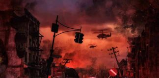 Post-apocalyptic city street with helicopters and rubble