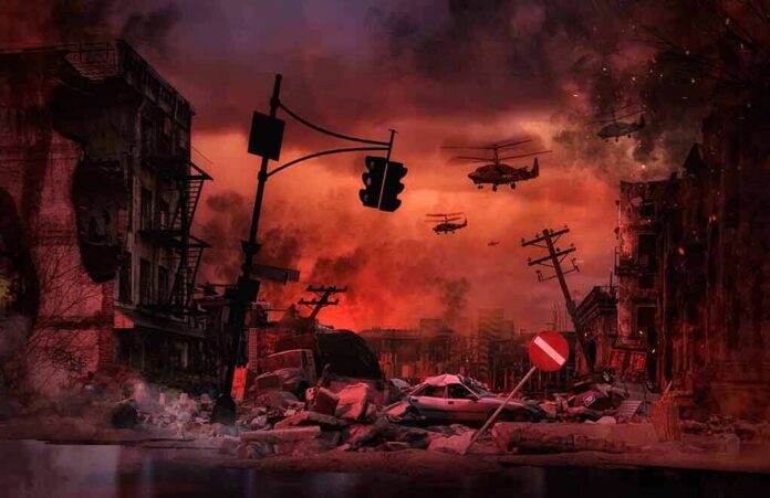 shutterstock_2128985915 Post-apocalyptic city street with helicopters and rubble