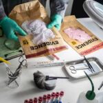 Forensic technician handling evidence bags on a lab table