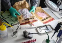 Forensic technician handling evidence bags on a lab table