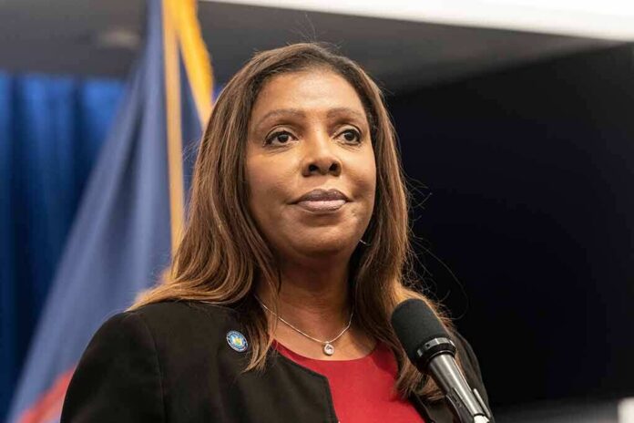 Woman speaking at a press conference microphone