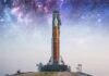 Rocket on launch pad under starry sky