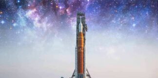 Rocket on launch pad under starry sky