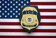 ICE officer badge on American flag background